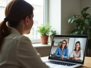 psychoterapia, online, terapia, psychologiczne, wsparcie, zdalne, wideo rozmowa, komputer, laptop, pokój, relaks, zaufanie, k