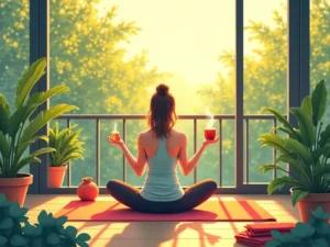 poranna rutyna, zdrowie, wellness, medytacja, joga, kawa, planty, relaks, energia, harmonia, czas dla siebie, medytacja na ba