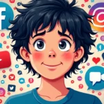 media społecznościowe, nastrój, poczucie własnej wartości, Instagram, Facebook, TikTok, emocje, przeglądanie, cyfrowa ilustra