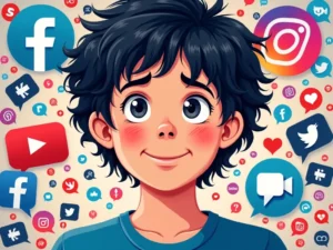 media społecznościowe, nastrój, poczucie własnej wartości, Instagram, Facebook, TikTok, emocje, przeglądanie, cyfrowa ilustra